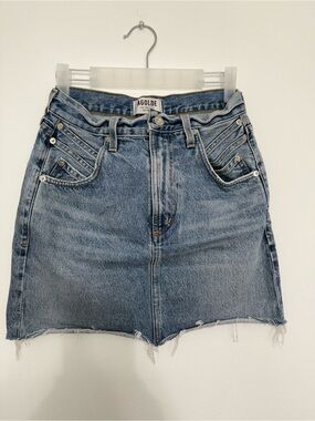 Agolde Distressed Medium Blue Denim Mini Skirt